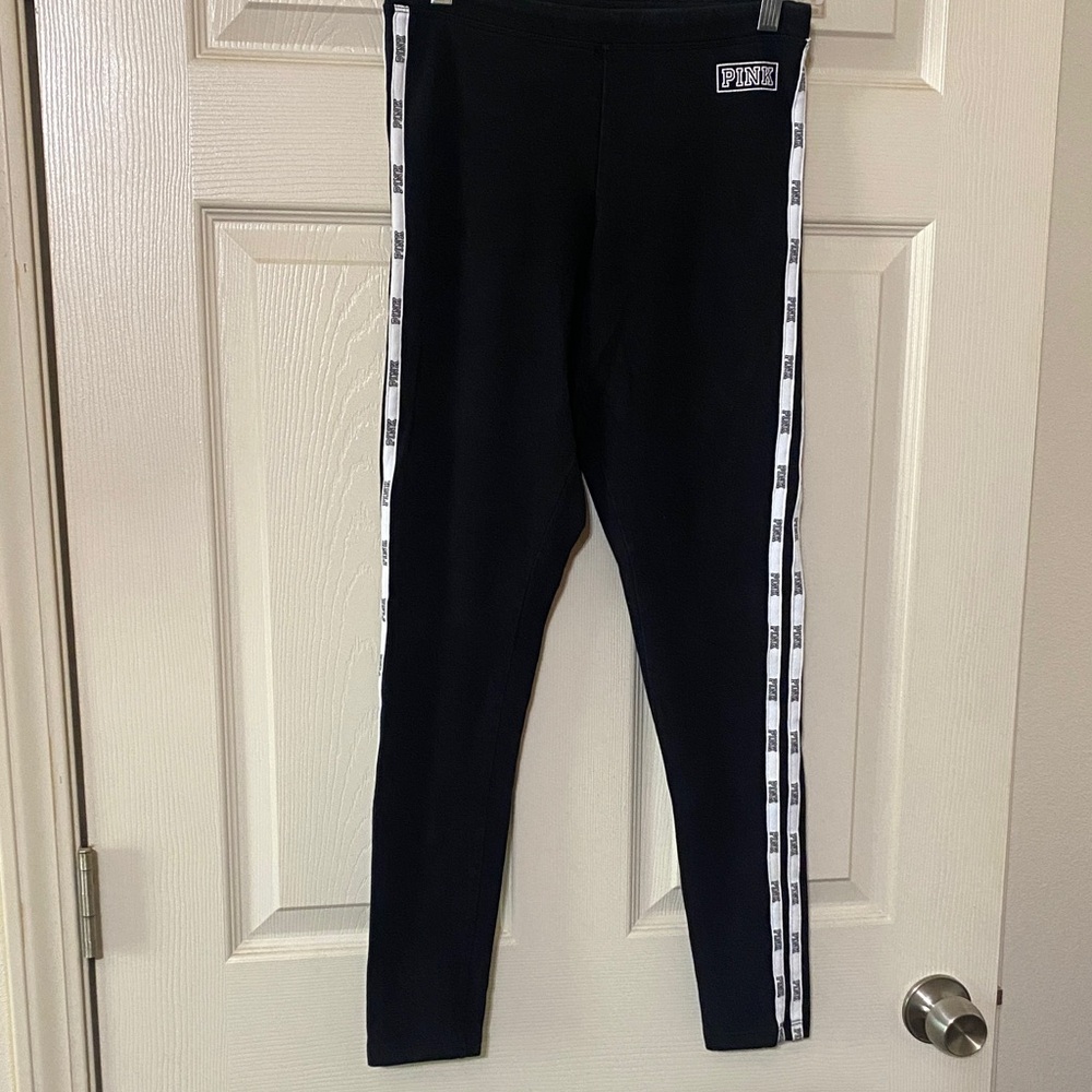 PINK Victoria's Secret Black Leggings with White Logo Side Stripes